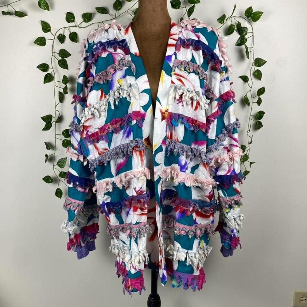 Vintage Paula Sweet Muslin Mink fringe Jacket teal lilies multi-color artsy